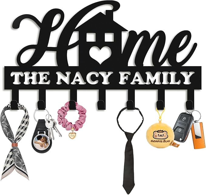 Personalized Key Holder for Wall, Metal Key Holder Wall Mount, Sweet Home Coat Rack for Living Room Bedroom Entryway, Mounted Key Hanger with Hooks, Housewarming Gift (05-Home)