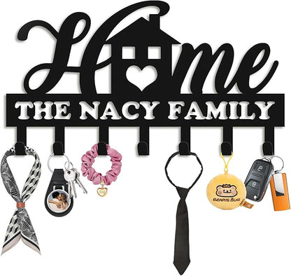 Personalized Key Holder for Wall, Metal Key Holder Wall Mount, Sweet Home Coat Rack for Living Room Bedroom Entryway, Mounted Key Hanger with Hooks, Housewarming Gift (05-Home)