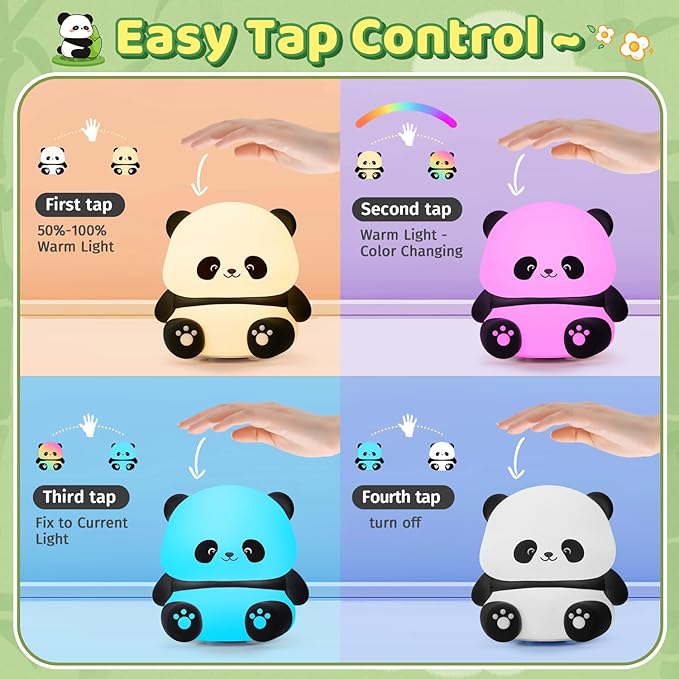 One Fire Panda Night Light for Kids Night Light, 16 Colors nightlight for Kids Room, Dimmable + Soft Silicone +12H Use Touch Nightlight Cute Lamp Kawaii Panda Gifts for Baby Toddler Girl Boy