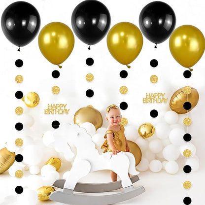 Gold and Black Happy Birthday Decorations, 6PCS Glittery Circle Dots Garland and 6PCS Gold/Black Balloons for Birthday Party Decor Balloon Tails