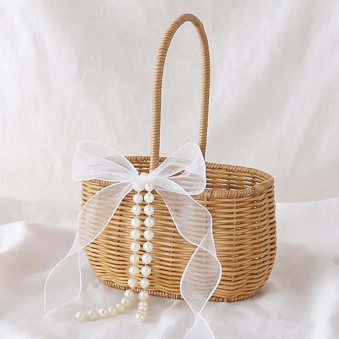 1 Pcs Wicker Rattan Flower Girl Basket with Bows and Pearl 11.8x8.7x5.1 Inches Rustic Wedding Basket for Flower Girl, Hand Woven Willow Storage for Ceremonies Home Decoration (Classic)