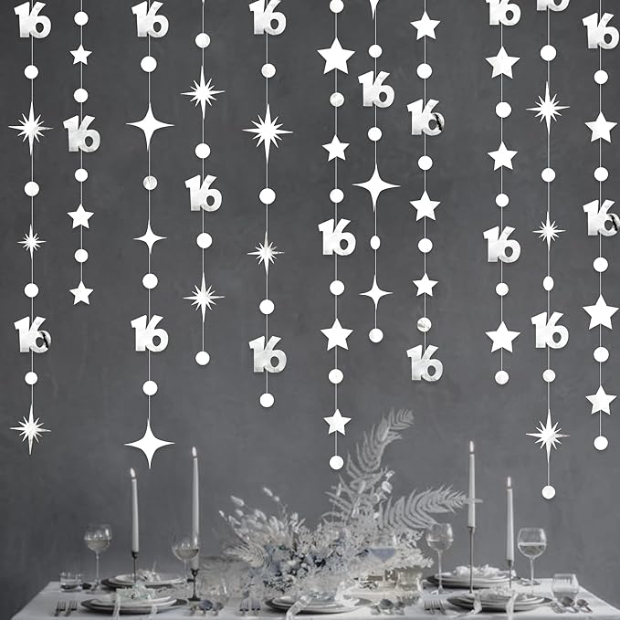 Silver 16th Birthday Decorations Number 16 Circle Dot Twinkle Star Garland Metallic Banner Backdrop for Girls Boys Happy 16th Birthday Sweet Sixteen 16th Anniversary Cheers to 16 Years Party Decor