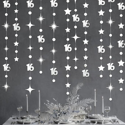Silver 16th Birthday Decorations Number 16 Circle Dot Twinkle Star Garland Metallic Banner Backdrop for Girls Boys Happy 16th Birthday Sweet Sixteen 16th Anniversary Cheers to 16 Years Party Decor