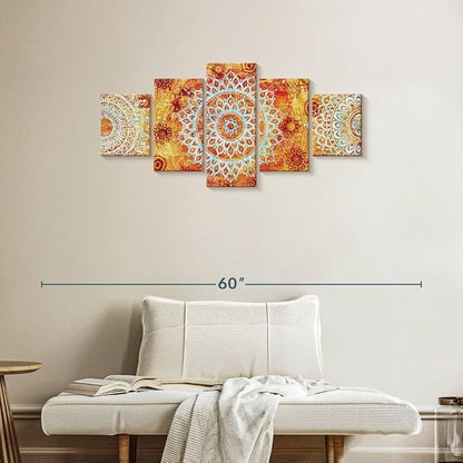 ElephantStock - Sun Like Mandala Symbols Wall Art - Horizontal Multi Panel Canvas - 5 Piece Living Room Wall Decor - Digital Art Elements Multi Piece Wall Art - Orange And Blue Decor - 42" x 19"