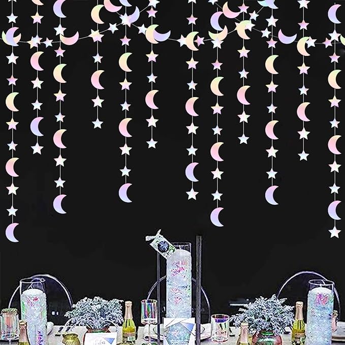 Iridescent Disco-Holographic Party-Decorations Moon-Star Garland - 62Ft Twinkle Little Star Hanging Neon Streamers Banner,Eid Ramadan Mubarak Decoration Birthday Wedding Baby Shower Decor Panduola