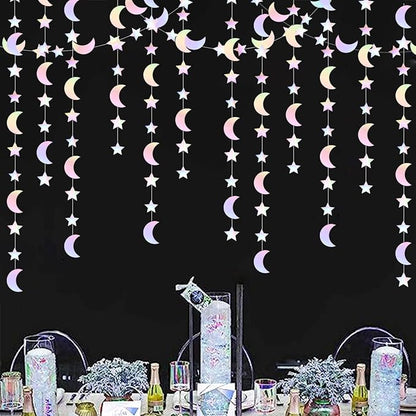 Iridescent Disco-Holographic Party-Decorations Moon-Star Garland - 62Ft Twinkle Little Star Hanging Neon Streamers Banner,Eid Ramadan Mubarak Decoration Birthday Wedding Baby Shower Decor Panduola