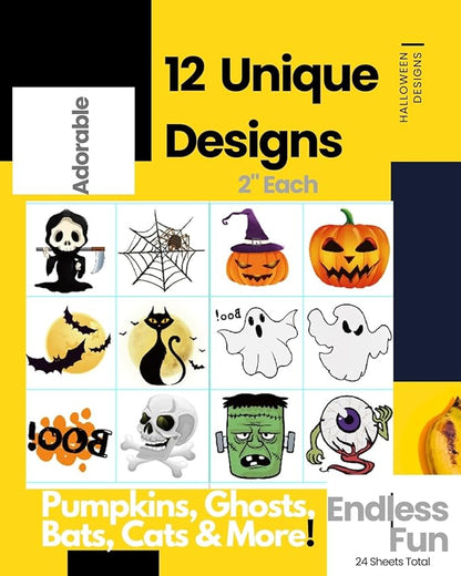 Halloween Temporary Tattoos for Kids - 144 Pack, 2" Size, Pumpkin, Skull, Ghost, Monster Designs | Boys & Girls Halloween Party Favors, 12 Unique Designs