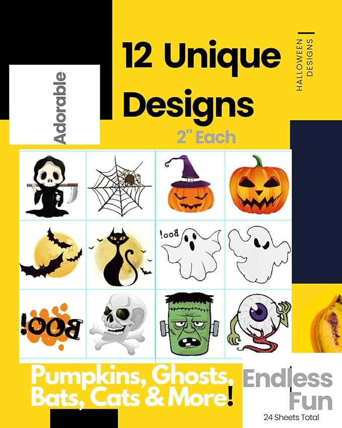 Halloween Temporary Tattoos for Kids - 144 Pack, 2" Size, Pumpkin, Skull, Ghost, Monster Designs | Boys & Girls Halloween Party Favors, 12 Unique Designs