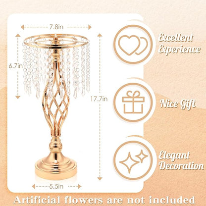 Wesiti 2 Pcs Crystal Gold Flower Stand Elegant Metal Flower Arrangement Stand with Chandelier Crystals 17.7" Tall Gold Vase for Centerpieces Wedding Reception Hotel Favor