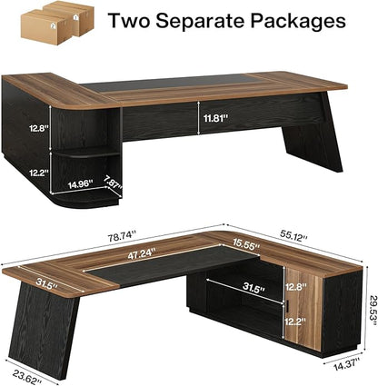 Tribesigns 79-Inch Executive Desk, Large Office Desk with Cabinet, L-Shaped Compter Desk with Storage Shelves, Writing Table for Home Office, Brown and Black