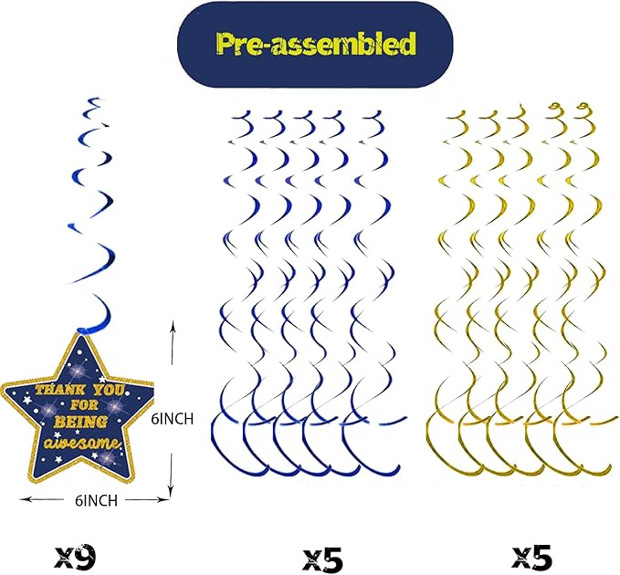 28PCS We Appreciate You Hanging Swirls Blue Gold Glitter Thank You Foil Swirl Decor Teacher Doctor Nurse Employee Staff Graduation Appreciation Ceiling Hanging Decor Party Decorations