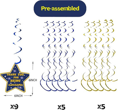 28PCS We Appreciate You Hanging Swirls Blue Gold Glitter Thank You Foil Swirl Decor Teacher Doctor Nurse Employee Staff Graduation Appreciation Ceiling Hanging Decor Party Decorations