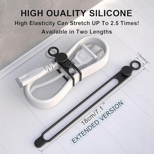 Silicone Cable Straps, 10pcs Extra-Long Reusable Hanging Organizer for Cables, Kitchen, Home, School (Black & White)