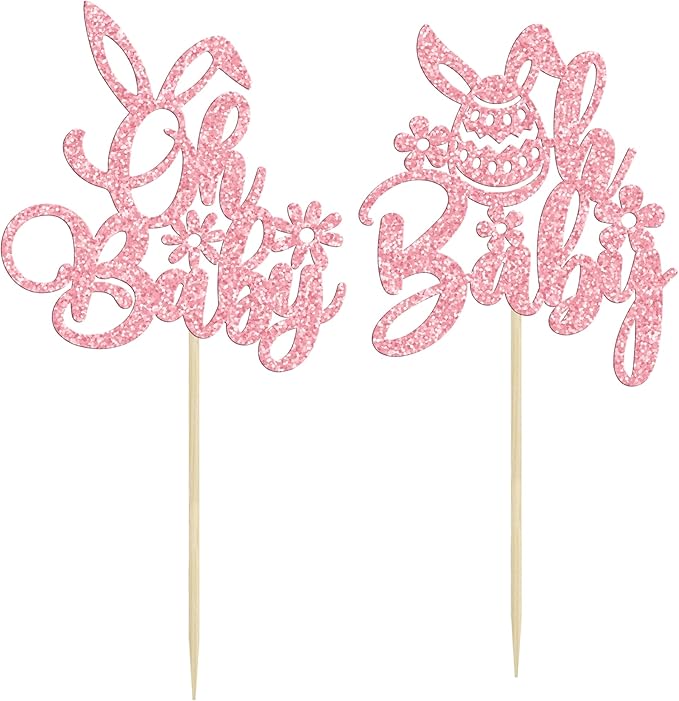 Ephlyn 24PC Happy Oh Baby Cupcake Toppers - Pink Glitter Bunny Babyshower Cake Topper Decorations - Birthday Party Supplies