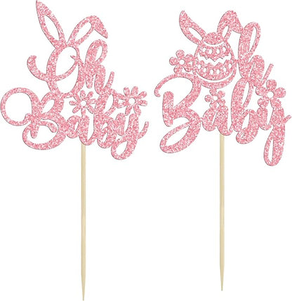 Ephlyn 24PC Happy Oh Baby Cupcake Toppers - Pink Glitter Bunny Babyshower Cake Topper Decorations - Birthday Party Supplies