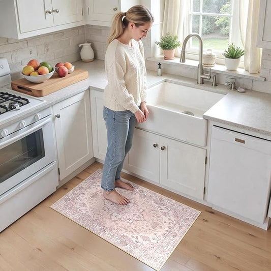 Area Rugs 2'x3' Kitchen Rugs Entry Rug Small Rugs for Entryway Kitchen Bathroom Door Mat Indoor Entrance,Washable Non Slip, Pink Greypink Cute