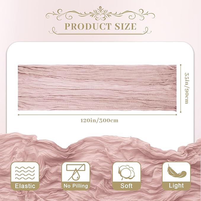 Le courant 6pcs 10Ft Cheesecloth Table Runner, Rustic Boho Gauze Cheese Cloth Runner Table Runner for Weddings Bridal Baby Shower Birthday Holiday Parties Home Decor, Dusty Pink