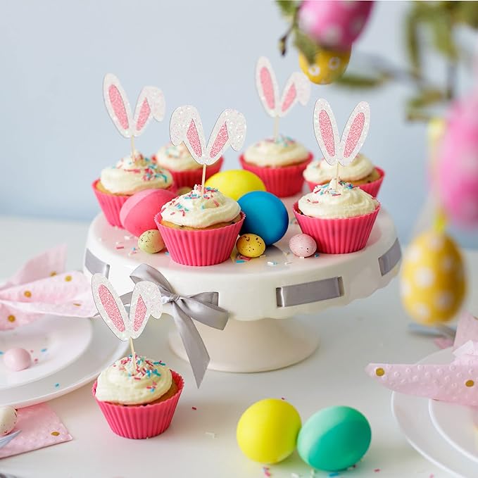 24Pcs Glitter Bunny Ears Cupcake Toppers Easter Rabbit Theme Happy Birthday Cupcake Picks for Bunny Happy Easter Baby Shower Birthday Spring Easter Party Cake Decorations