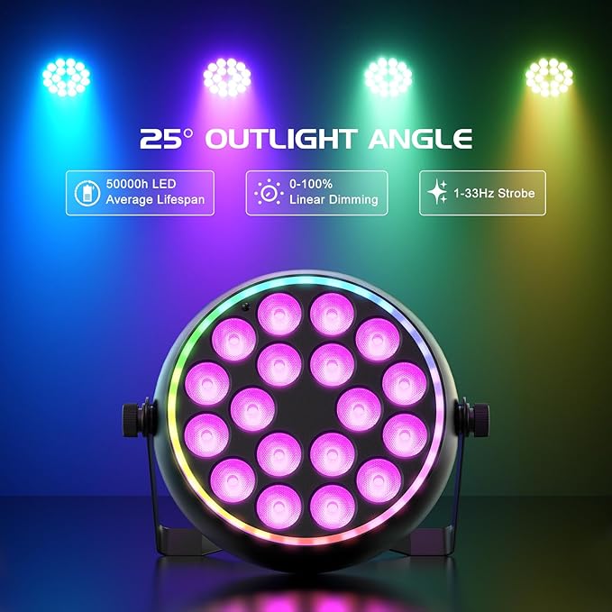 RGBW Par Light with Halo Ring Stage Light, Sound Active Uplight for Party & DJ DMX512 & Remote Control for Wedding and Strobe Light