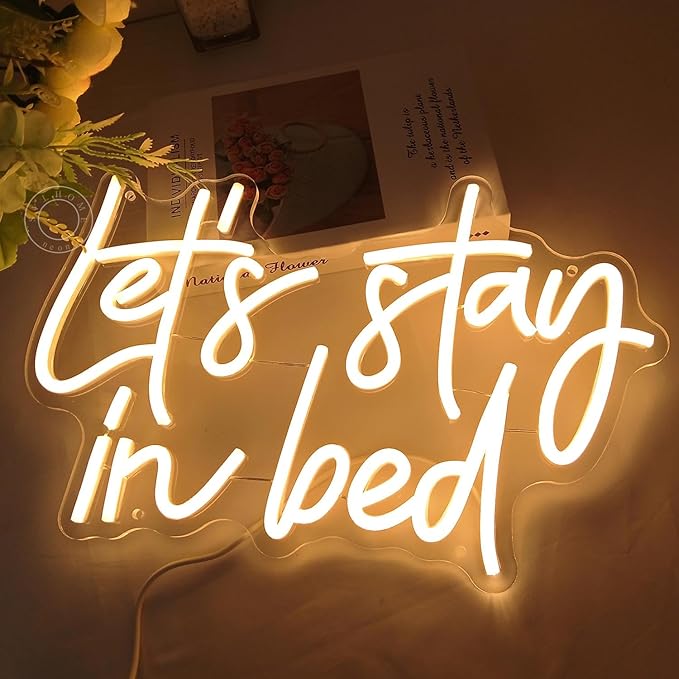 SYLHOME Let's Stay In Bed Led Neon Light Up Sign Bedroom Hotel Apartment Wall Sign Decor Night Slumber Party Birthday Wedding Party Decor Gifts15.75"X10.24" USB Warm