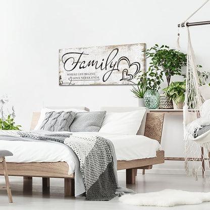 KREATIVE ARTS Large Home Family Wall Decor Rustic Home Sign Inspirational Quotes - Where Life Begins & Love Never Ends Canvas Wall Art Prints for Bedroom Living Room Kitchen 20x48 Inches