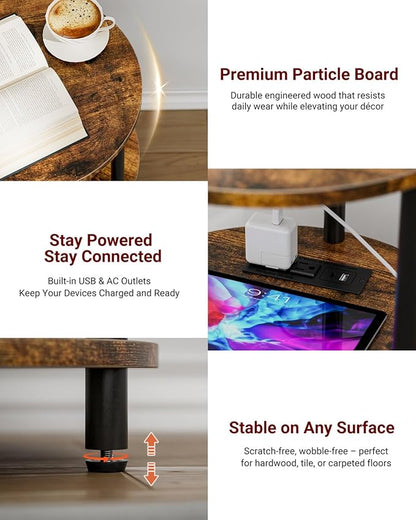 Small Round End Table - 3 Tier Design Accent Table, Narrow Side or Bedside Stand, Industrial Vintage Table for Small Spaces, Built-in USB Ports and Power Outlet, Rustic Brown