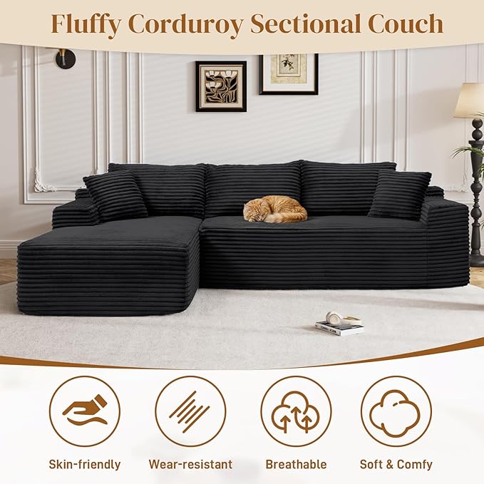 95" L Shaped Boneless Sectional Couches, Wide Armrest, Deep Seat, Memory Foam, Assembly Free, Modern Comfy Corduroy Fluffy Cloud Sofa with Left Chaise for Living Room, Small Spaces, Black