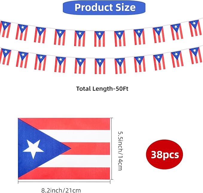 Puerto Rico Small String Flags, 50 Feet 38 Pcs Puerto Rican Pennant Banner Bunting Flags, Patriotic Events, Independence Day, Country Festival, Commemoration, Decorations (Puerto Rico)