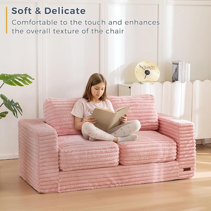 MAXYOYO Bean Bag Chair, Two-seat Bean Bag Sofa with Pillows and Armrests for Adults, Upholstered Loveseat Floor Sofa Couch Fluffy Chair Bean Bag Couch for Bedroom Living Room, Pink