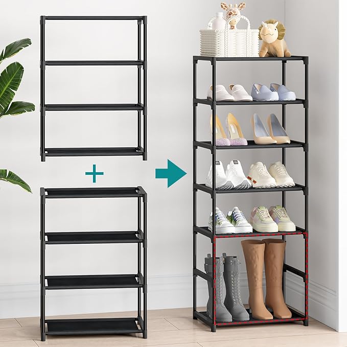 4 Tier Extra Small Shoe Rack (16.3" Wide), Narrow Stackable Kids Toddler Adult Shoe Storage Organizer Shelf for Closet Floor Entryway Bedroom, Space Saver Shoe Rack Organization Shelves