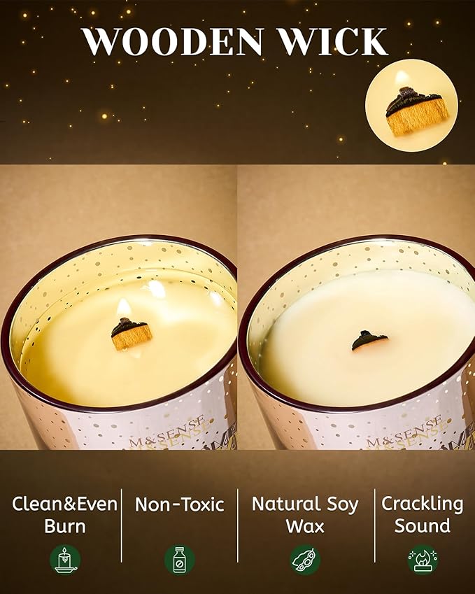 M&SENSE Cinnamon Apple Holiday Candles for Home Scented, 18oz 100 Hours Large Christmas Candle Soy Wax Cracking Wooden Wick, Aromatherapy Gifts for Housewarming Bedroom, Warm Cozy Winter Decor