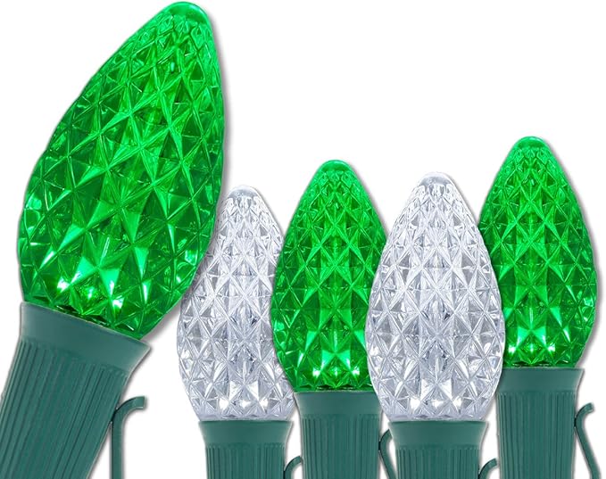 Wintergreen Lighting C7 OptiCore Commercial Christmas Lights – Heavy Duty LED Bulbs on Green Wire (100 Lights, 100 ft, Green/Cool White)