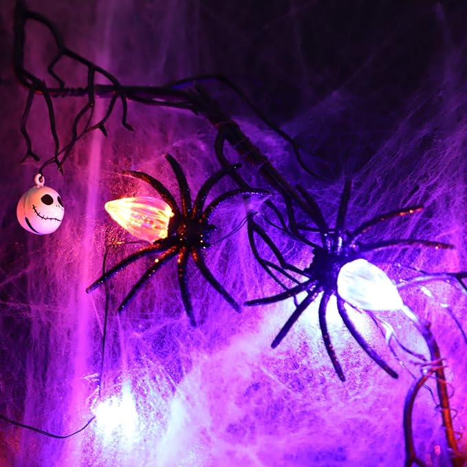 Halloween Decorations Spider Web Lights 8.6ft 30LED Purple Orange Fairy Lights Battery Operated Fall Lights with Remote Timer 8 Modes Net Light for Fall Halloween Outdoor Haunted House Decor