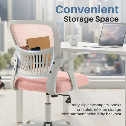 Sweetcrispy Home Office Managerial Executive Chair, Flip Up Armrest Ergonomic Mesh Adjustable Swivel Mid-Back Computer Desk Chair with Comfortable Lumbar Support, Comfy Arms for Bedroom,Study