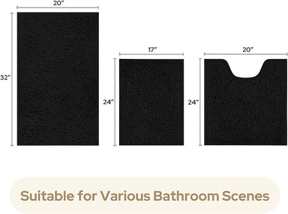 HOMEIDEAS 3 Pieces Bathroom Rugs, Ultra Soft Non Slip Absorbent Chenille Toilet Bath Mat Set (Black)