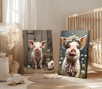 ZOIYINO Farm Animals Canvas Wall Art,Rustic Farmhouse Pig Wall Art,Pig Pictures Wall Decor,Funny Farm Animals Wildflower Bathroom Decor for Living Room Bedroom Kitchen(12"x16"Framed)