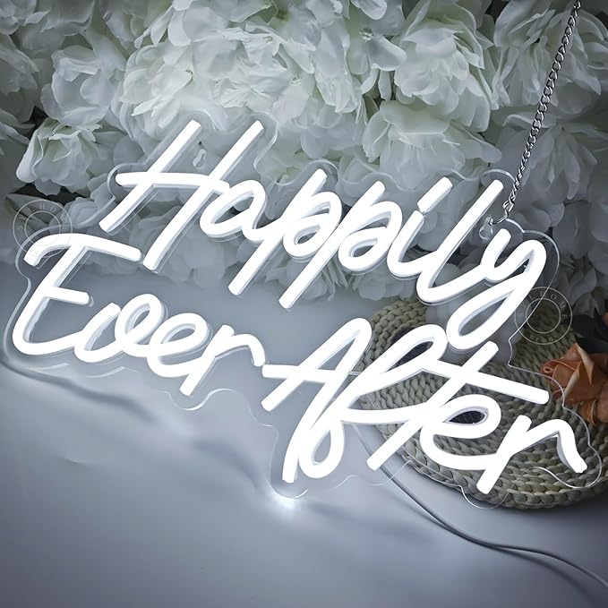 SYLHOME Happily Ever After LED Neon Light Sign Wedding Party Birthday Neon Art Wall Sign Decor USB Bedroom Home Bar Pub Decor Night Light 5V Cold White 15.8"X9.2"