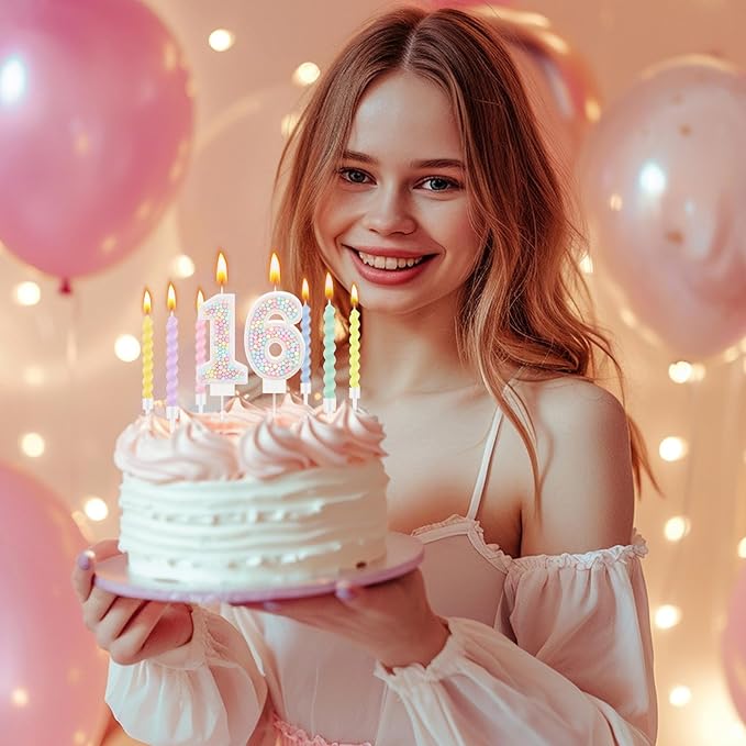MTLEE Number 16 Birthday Candle with 12 Pcs Spiral Candles for Girls Macaron Pastel Rainbow Unicorn Pink Cake Topper for Sweet Theme Party Decoration