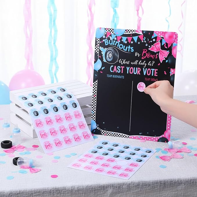 Poen Burnouts or Bows Gender Reveal Game Board with Stand, 60 Pink Bow & Cool Wheel Stickers, Cast Your Vote Baby Shower Party Supplies, Boy or Girl Guessing Game Decorations for Gender Reveal Party
