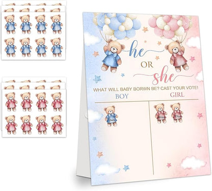LNOKRIM Gender Reveal Party Games, Teddy Theme Baby Gender Reveal Voting Board Sign, 48 Boy Girl Voting Stickers, He or She, Baby Gender Reveal Party Decorations Games for Boy or Girl Shower, Bear 04