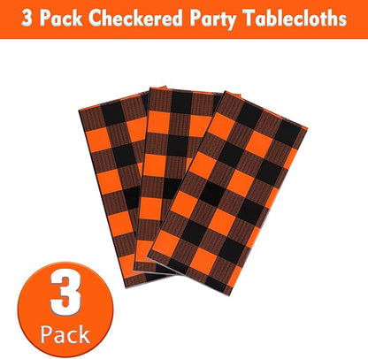 Kesfey 3 Packs Fall Orange Buffalo Check Plaid Tablecloth 54 x 108 Inches Waterproof Autumn Thanksgiving Gingham Table Cloth Disposable Orange and Black Plastic Checkered Picnic Tablecover for Camping