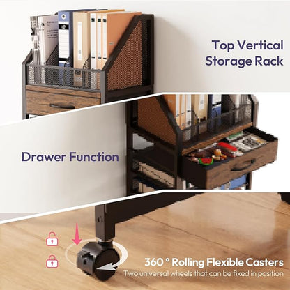 SWTYMIKI 9-Tier Rolling File Cart - Paper Organizer with Drawer and Trays, Wood Desk Office Organizer, Office Organization and Binder Storage for Workspace, Home, School, Espresso