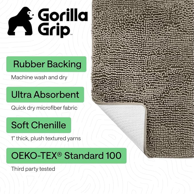 GORILLA GRIP Bath Rug Mat 44x26, Thick Soft Absorbent Chenille, Quick Dry Microfiber Mats, Rubber Backing Washable Shower Floor Rugs, Bathmat Runner, US Designed Bathroom Home Decor Accessories Latte