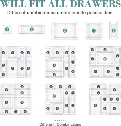 25 PCS Drawer Organizer Set, 4 Varied Size Bathroom and kitchen Drawer cabinet organizer Trays, Clear Storage Bins for Makeup, Jewelry, Utensils and Gadgets