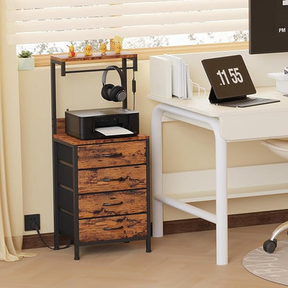 Furnulem Night Stand with Charger Station, 38'' Tall Nightstand with 4 Fabric Drawers and LED Lights, Bedside Table with Storage Shelf for Bedroom, Office, Metal Frame, Wood Shelves, Rustic Brown | 4 Fabric Drawers, LED Lights, Storage Shelf, for Bedro...