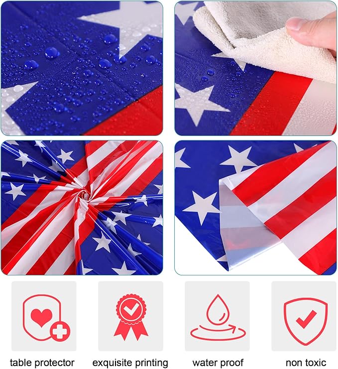 Oudain 6 Pcs Veteran Day Tablecloth 84 Inch Plastic American Flag Tablecloths Disposable 4th of July Table Cover for Veterans Memorial Independence Day Patriotic Party Supplies (Star Stripe)