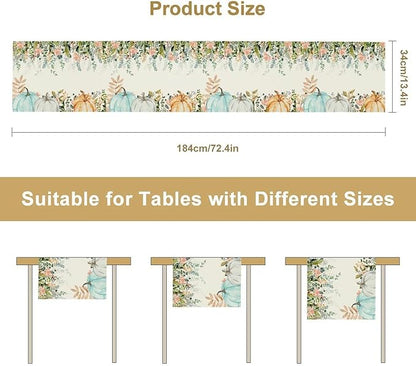 Fall Table Runner Blue Pumpkin Colorful Eucalyptus Leaves Thanksgiving Orange Green Watercolor Illustration Decor for Farmhouse Indoor Outdoor Party Holiday Dining Kitchen Restaurant Cafe W13xL90in