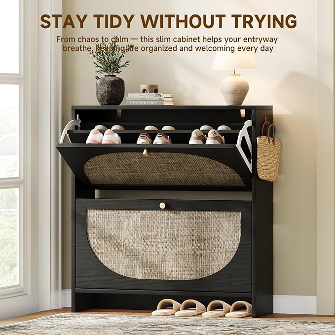 Nicetree Rattan Arched Accent Shoe Cabinet - Freestanding Ultra Slim for Entryway, 2 Flip Drawers & 3-Tier Adjustable Shelves, Farmhouse Modern Rustic Shoe Rack for Hallway Foyer, Black