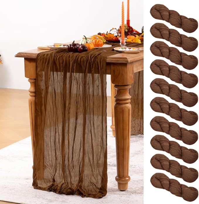 Brown Cheesecloth Table Runner Tan 10 Pack Christmas Table Runners Boho Gauze 120 Inches Marron Cheese Cloth Table Decor for Xmas Holiday Season Parties Wedding Bridal Baby Shower Tea Party