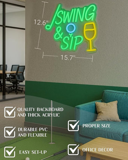 SWING & SIP Neon Sign for Golf Lovers, LED Wall Light for Home Bar, Office, Lounge, Party Decor, Golf Simulator Room Tournament After-Party, Man Cave Gift for Golfer Friends